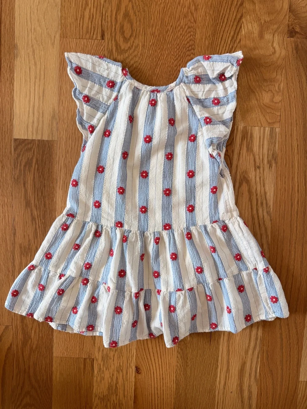 Zara White and Light Blue Striped Dress with Red Floral Embroidery - Picture 2 of 2